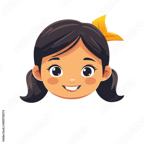 Smiling Girl Cartoon with Ponytails and Yellow Ribbon Illustration for Children's Content
