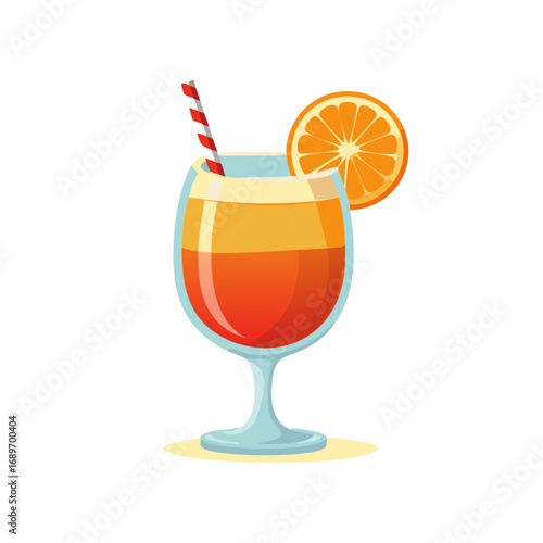 Illustration of a refreshing cocktail in a glass with a slice of orange and straw