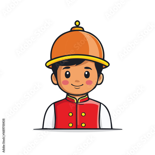 Friendly cartoon jockey boy character wearing a colorful racing silk and helmet