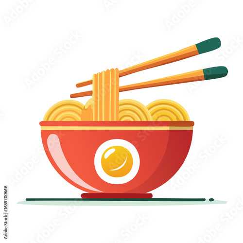 Stylized Bowl of Ramen Noodles with Egg and Chopsticks Flat Lay Composition
