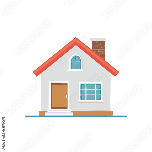 Illustration of cozy gray house with red roof, chimney, brown door, and windows, isolated on white backdrop.