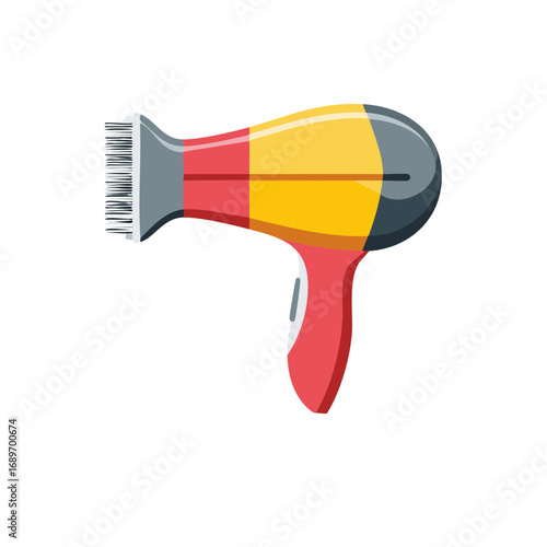Stylized hair dryer with comb attachment, vibrant red and yellow grooming tool