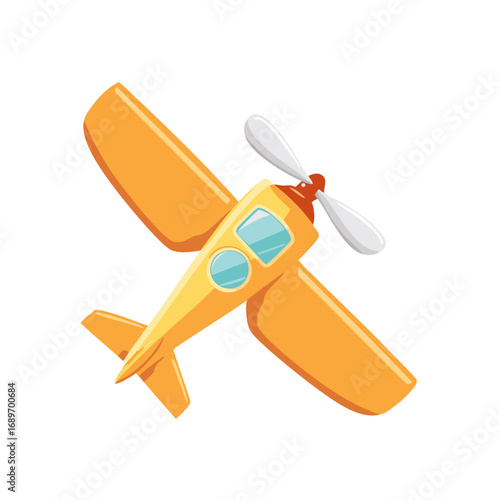 Bright yellow cartoon airplane with a propeller in flight viewed from above