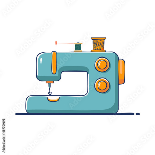 Colorful cartoon sewing machine illustration with thread spools and needle vibrant craft design