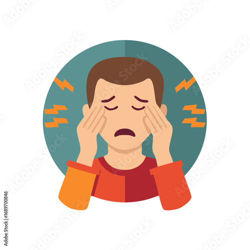 Man with headache touches temples illustration, feeling unwell