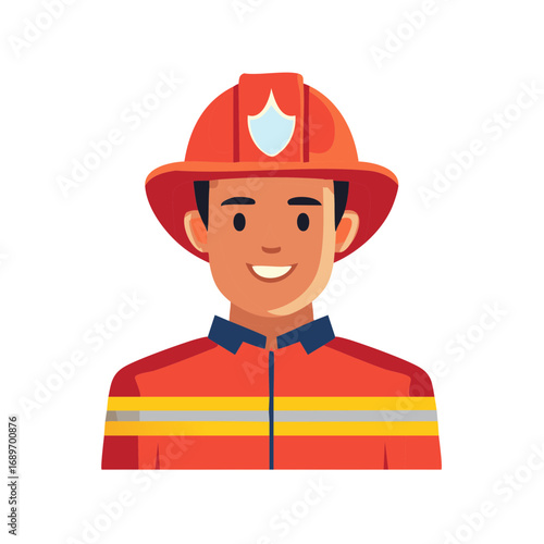 Cheerful cartoon firefighter wearing a helmet and uniform, smiling confidently, portrait view.