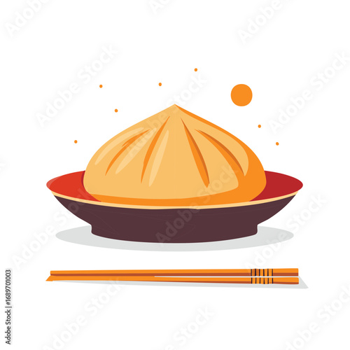 Illustration of a delicious steamed dumpling in a bowl with chopsticks