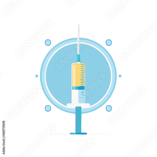 Medical Syringe with Yellow Liquid and Blue Circle Icon
