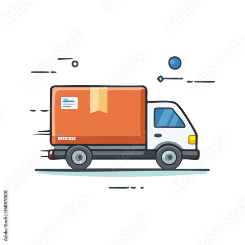 Delivery truck in motion illustration with orange package and graphic design elements