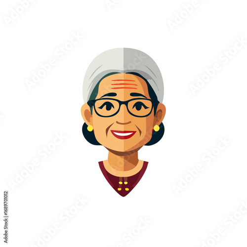 Smiling older woman wearing glasses and head covering, cartoon portrait