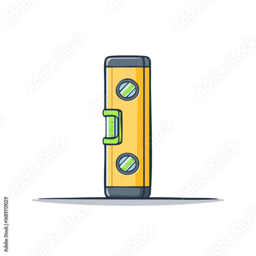 Yellow spirit level tool with bubble and green handle for alignment and measurements on the floor