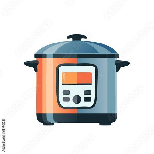 Electric pressure cooker illustration with display, buttons, and lid for fast, convenient meals preparation