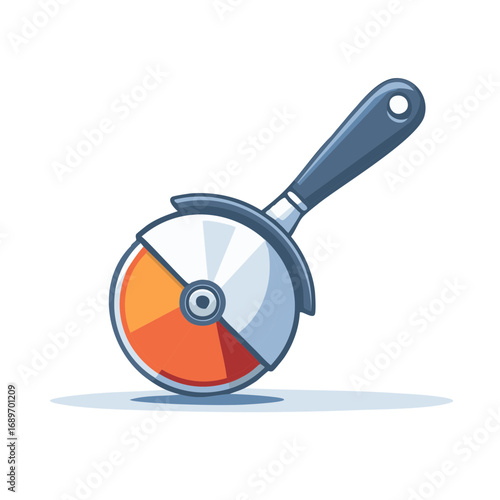 Stylized Pizza Cutter Tool with Sharp Metal Wheel and Blue Handle