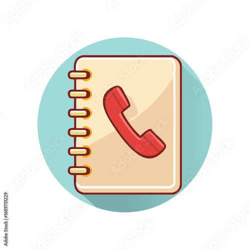Address book vector illustration with red telephone receiver icon on round light blue background