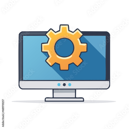 Computer screen displays a gear icon symbolising settings configuration or options selection process