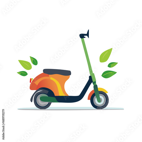 Colorful retro electric scooter with green leaves for sustainable urban transportation