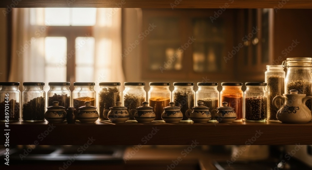 Obraz premium Spices in Jars and Ceramic Pots on Wooden Shelf with Window Light
