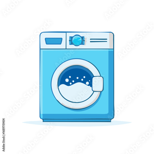 Cartoon washing machine with suds and water in the drum
