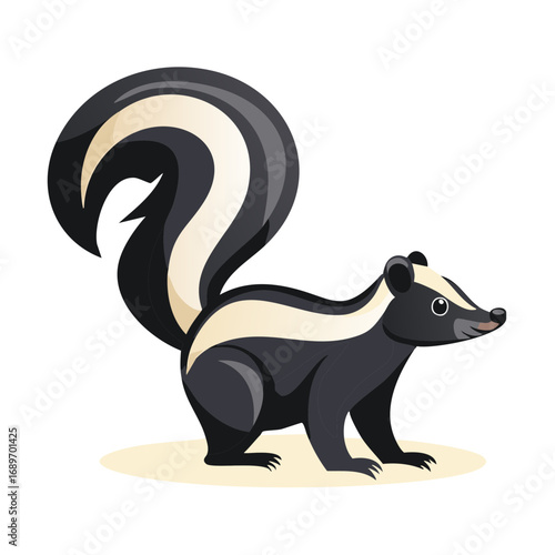 Cute cartoon skunk with a large fluffy tail standing. A simple vector animal illustration.