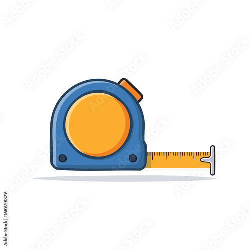 Cartoon illustration of a tape measure with blue and orange color scheme.