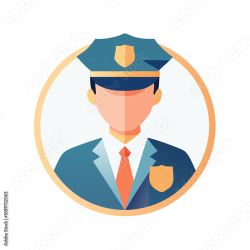 Illustration of a uniformed officer in a circular frame. Law enforcement, security, protection concept.