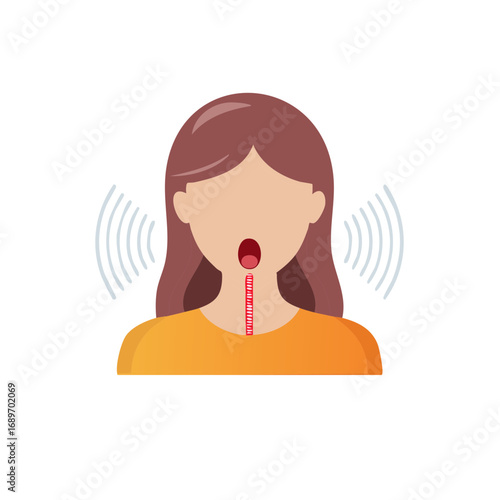 Human speech production illustrated, woman, vocal cords, sound waves, illustration, speech pathology