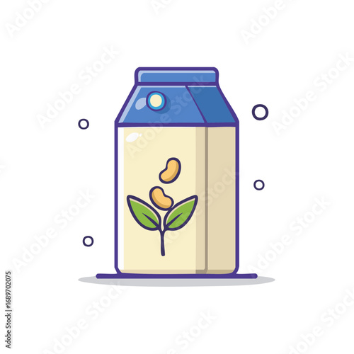 Illustrated Carton of Plant Based Milk With Beans and Green Leaves Design, Vegan Drink Package, Dairy Free Beverage Isolated