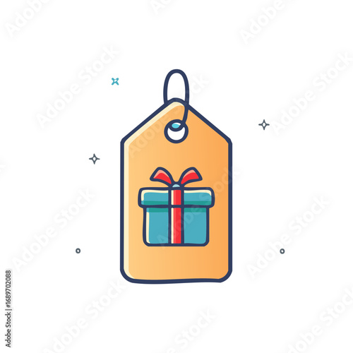 Gift tag with gift box illustration, with loop for hanging, isolated on white