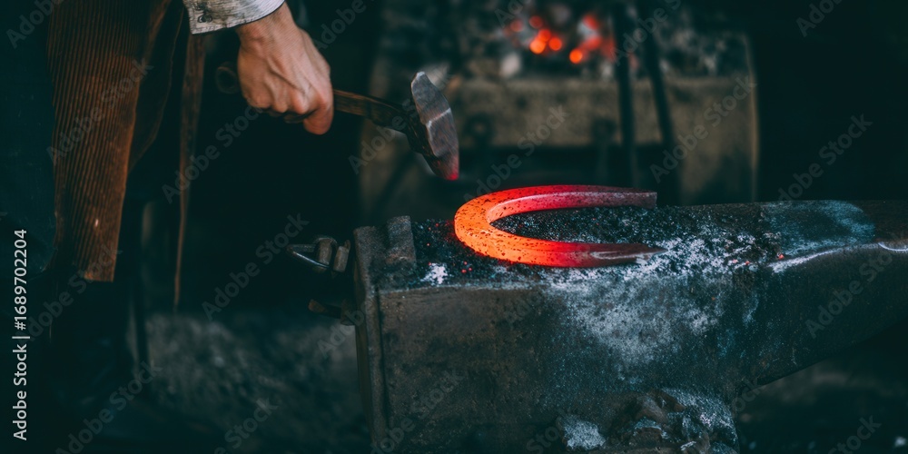 Obraz premium Blacksmith shaping a fiery horseshoe on an anvil with a hammer in a dark workshop.