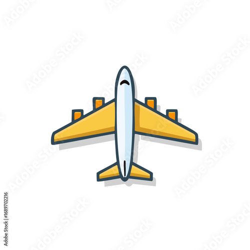 Cartoon style commercial passenger jet aircraft illustration overhead perspective travel vacation concept