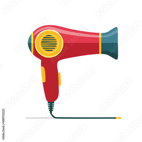 Isolated Graphic Style Hair Dryer in Red and Yellow for Styling and Personal Care