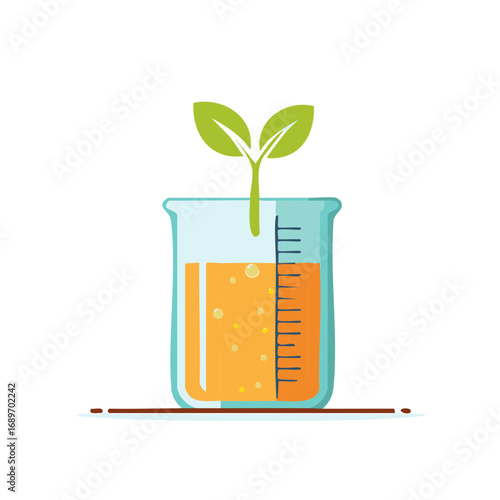 Plant Growth in Lab Beaker Illustration with Liquid and Leaves