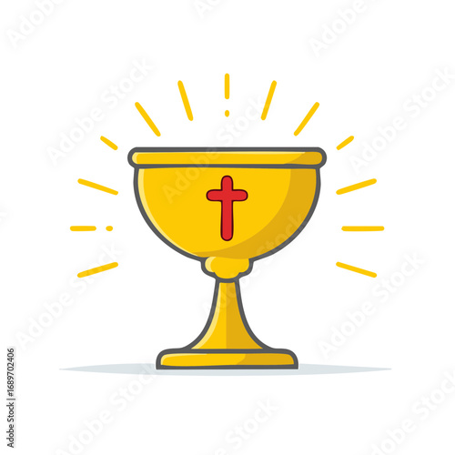 Golden Holy Chalice with red cross symbol cartoon vector illustration