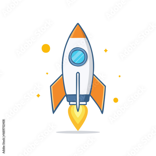 Vibrant cartoon rocket taking off with yellow flame propulsion startup business success concept