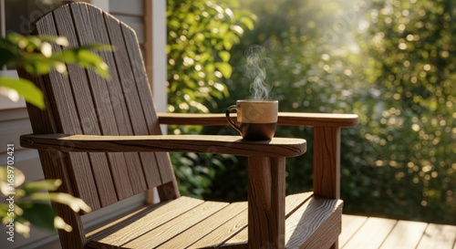 Steaming coffee mug on Adirondack chair arm, sunlit foliage backdrop, peaceful morning