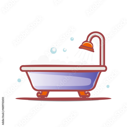 Cartoon Style Bathtub with Bubbles and Running Shower for Bathroom Fixture Concepts