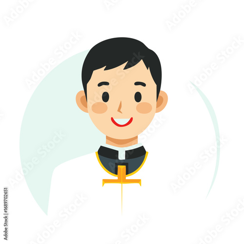 Illustrated Portrait of a Smiling Religious Clergyman with Clerical Collar and Robe