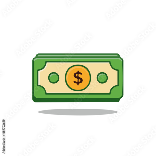 Stylized stack of green money bills, dollar sign on coin, financial wealth and investments illustration