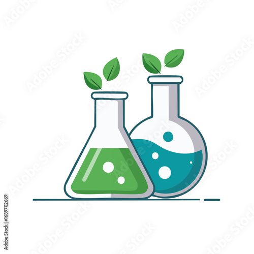 Laboratory flasks with green leaves symbolizing sustainable chemistry and biotechnology research