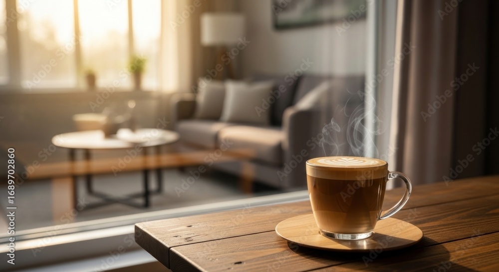 Fototapeta premium Steaming latte art on wooden table, sunlit living room in soft focus background