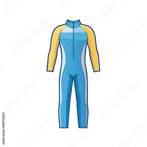 Blue and yellow full body wetsuit vector illustration for water sports and diving protection