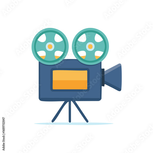Cartoon style vintage film camera with large reels on a tripod symbolizing movie production and entertainment
