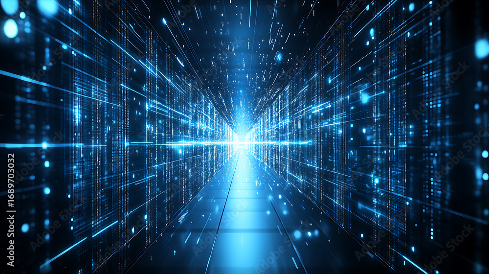 Fototapeta premium Digital Data Tunnel with Blue Light Streams