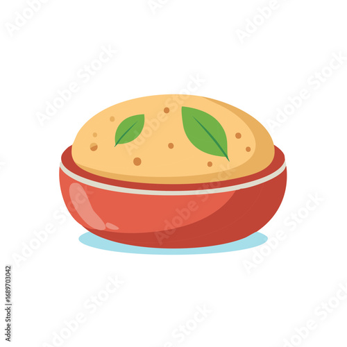 Creamy Polenta in Red Bowl Garnished with Basil Leaves Simple Food Illustration