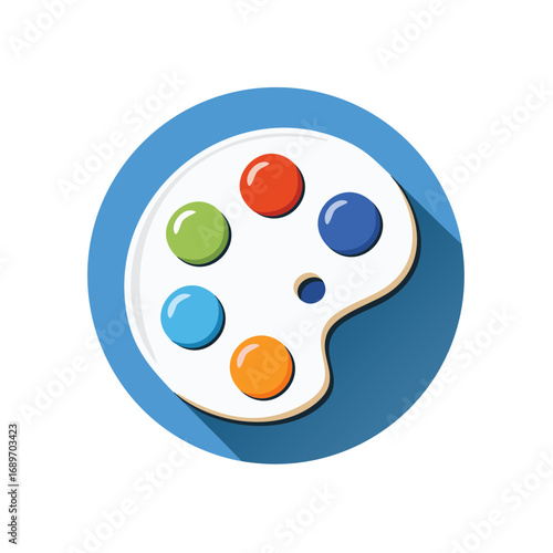 Modern flat design artist palette with vibrant colorful paints in a blue circle icon