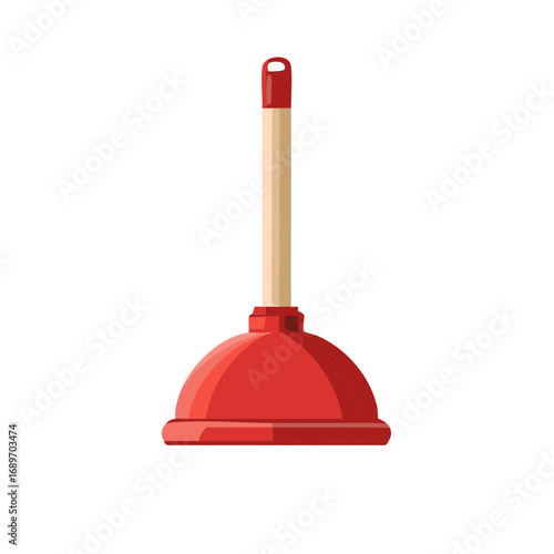 Red Plunger with Wooden Handle Cartoon Illustration for Plumbing Maintenance and Cleaning
