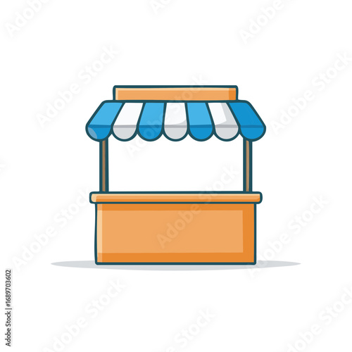 Cartoon illustration of a market stall with blue and white awning