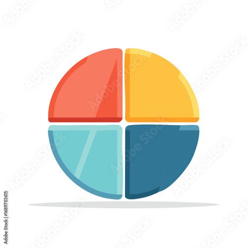 Colorful pie chart with four equal segments for data visualization. Circle diagram infographic element illustration.