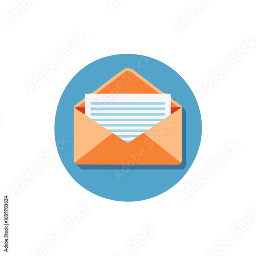 Orange envelope with paper inside against a blue circular background flat design illustration
