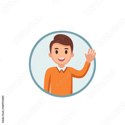 Smiling young man cartoon character avatar waving hand welcoming gesture in circle illustration